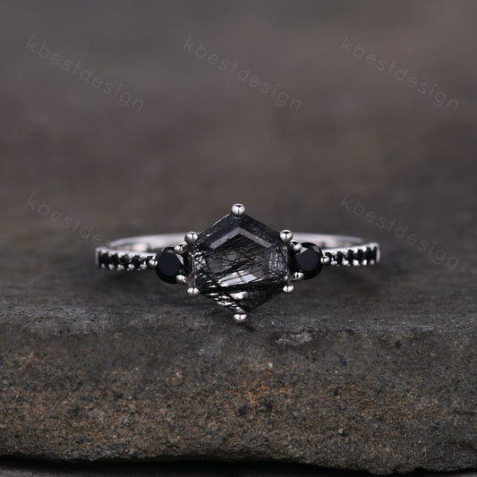 Hexagon cut black rutilated quartz engagement ring unique black spinel ring women black gemstone ring sterling silver three stone ring