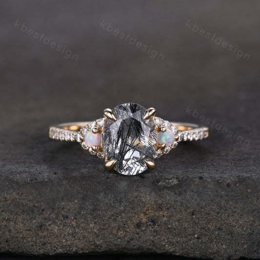 Oval cut black rutilated quartz engagement ring solid 14k yellow gold opal ring unique art deco moissanite bridal wedding ring Promise ring