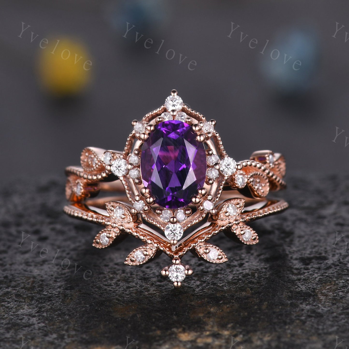 Amethyst engagement ring set rose gold engagement ring diamond stacking matching band floral vintage art deco ring Valentine day gift