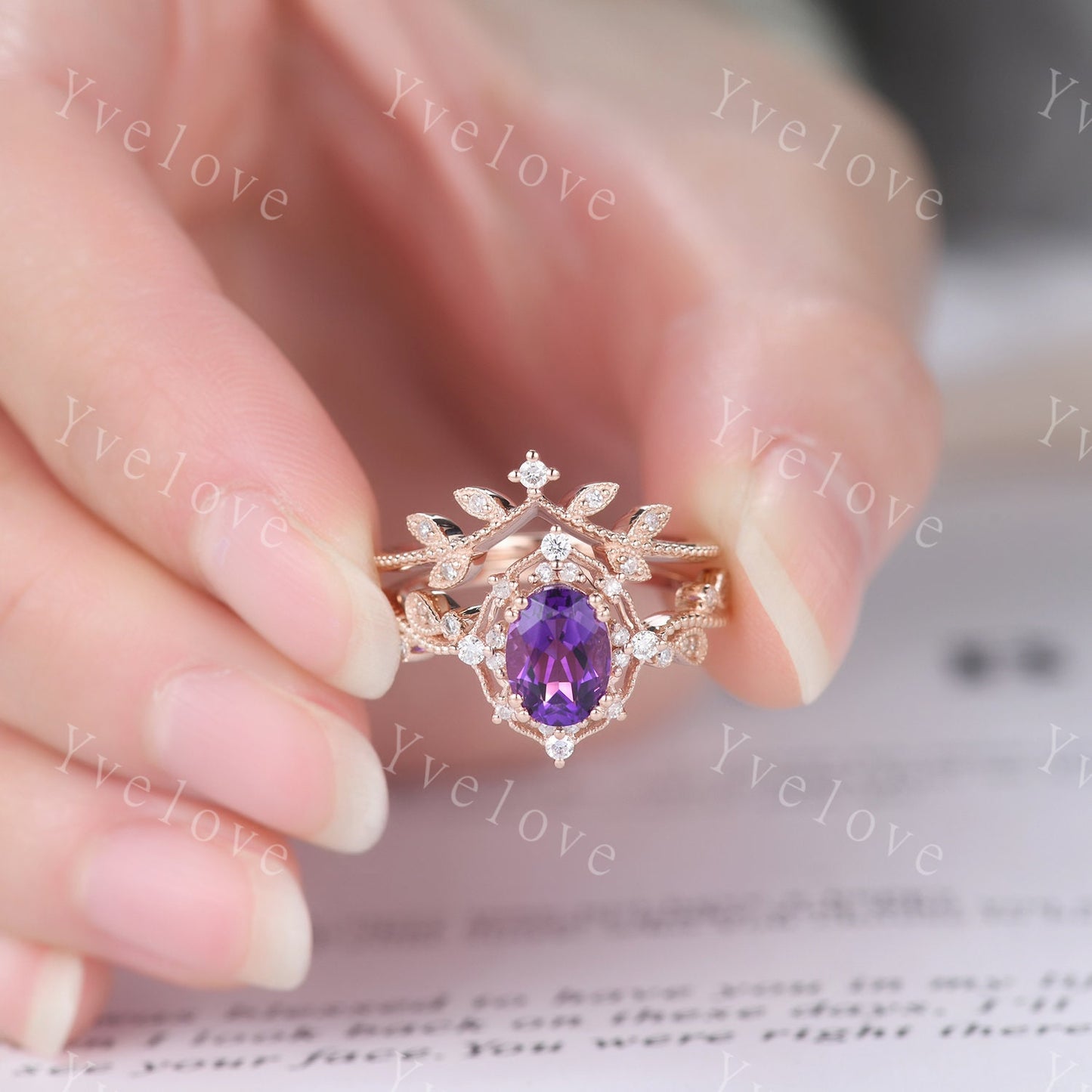 Amethyst engagement ring set rose gold engagement ring diamond stacking matching band floral vintage art deco ring Valentine day gift