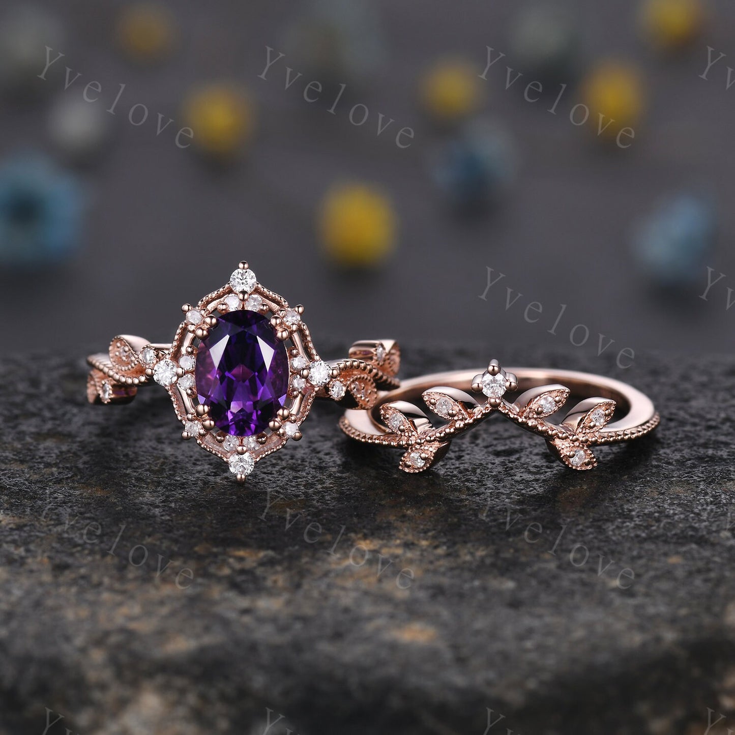 Amethyst engagement ring set rose gold engagement ring diamond stacking matching band floral vintage art deco ring Valentine day gift