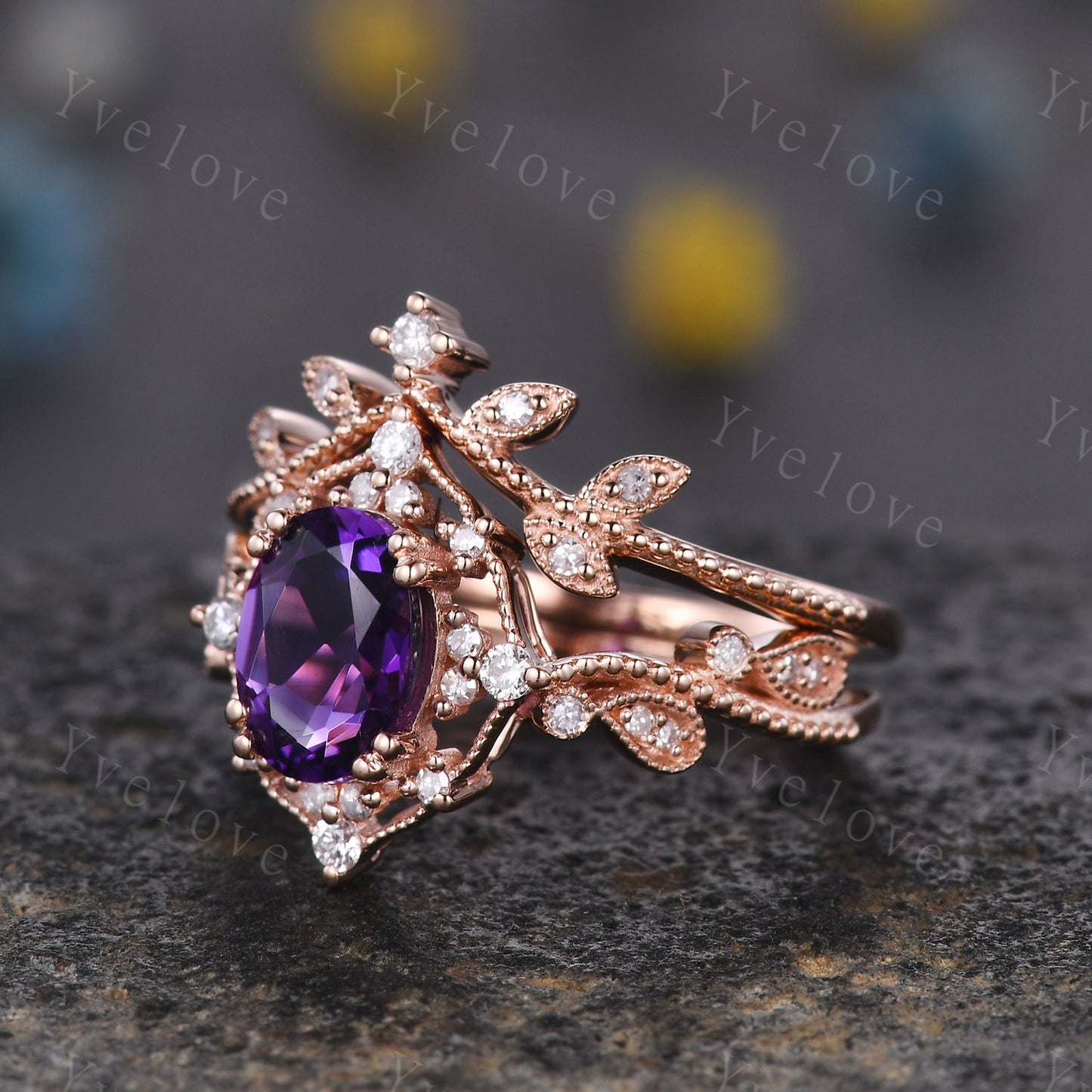 Amethyst engagement ring set rose gold engagement ring diamond stacking matching band floral vintage art deco ring Valentine day gift