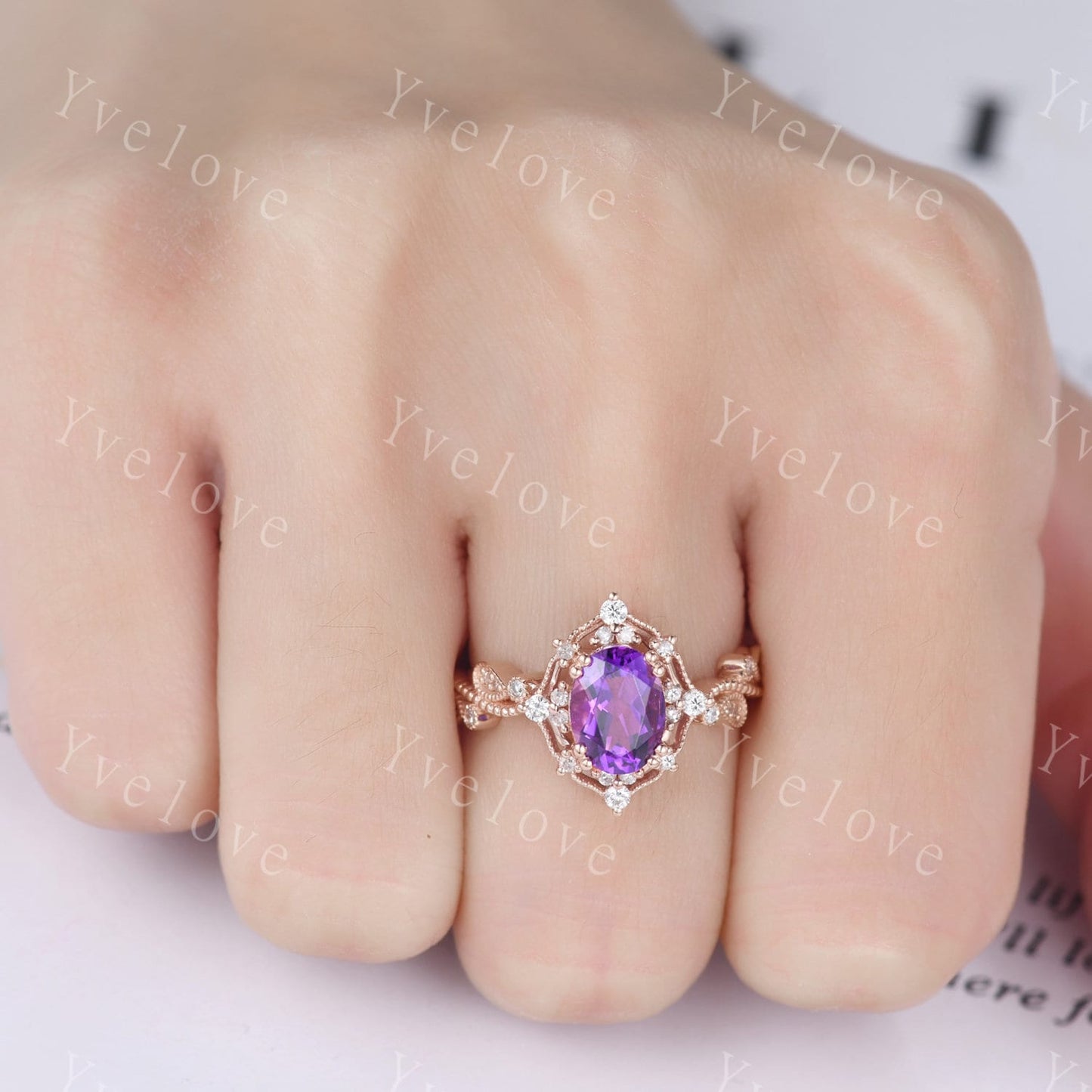 Amethyst engagement ring set rose gold engagement ring diamond stacking matching band floral vintage art deco ring Valentine day gift