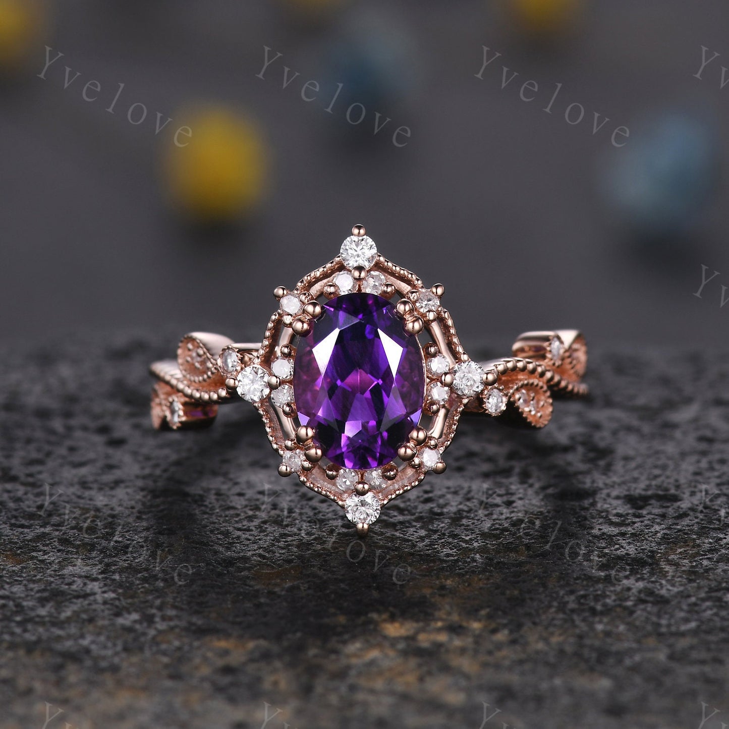 Amethyst engagement ring set rose gold engagement ring diamond stacking matching band floral vintage art deco ring Valentine day gift