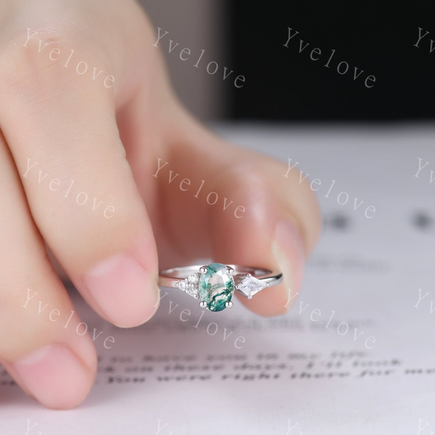 Vintage Moss Agate Ring Set,Moss Agate Engagement Ring,Enhancer Band,Double Curved Wedding band,Women Bridal Matching Stacking Band,Handmade