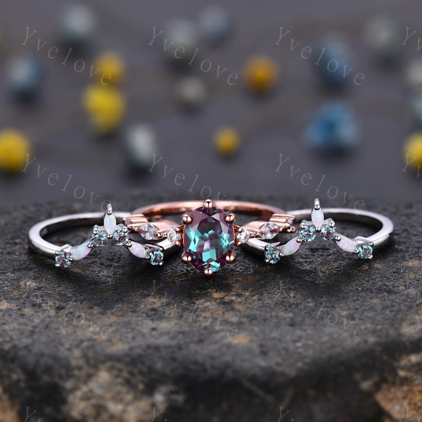 Vintage alexandite engagement ring set,Unique gold wedding set,Art deco opal alexandrite matching stacking ring,bridal set,rings for women