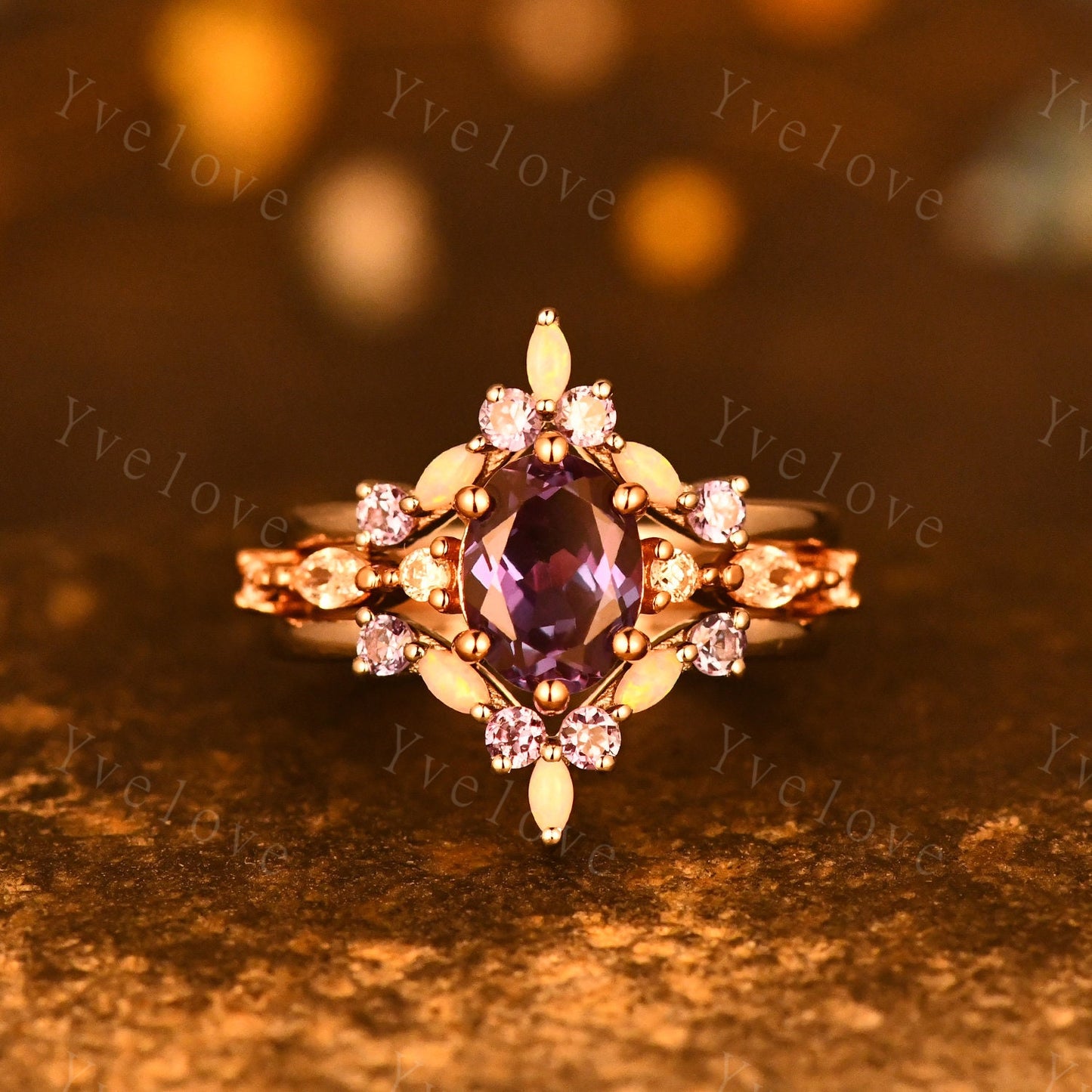 Vintage alexandite engagement ring set,Unique gold wedding set,Art deco opal alexandrite matching stacking ring,bridal set,rings for women