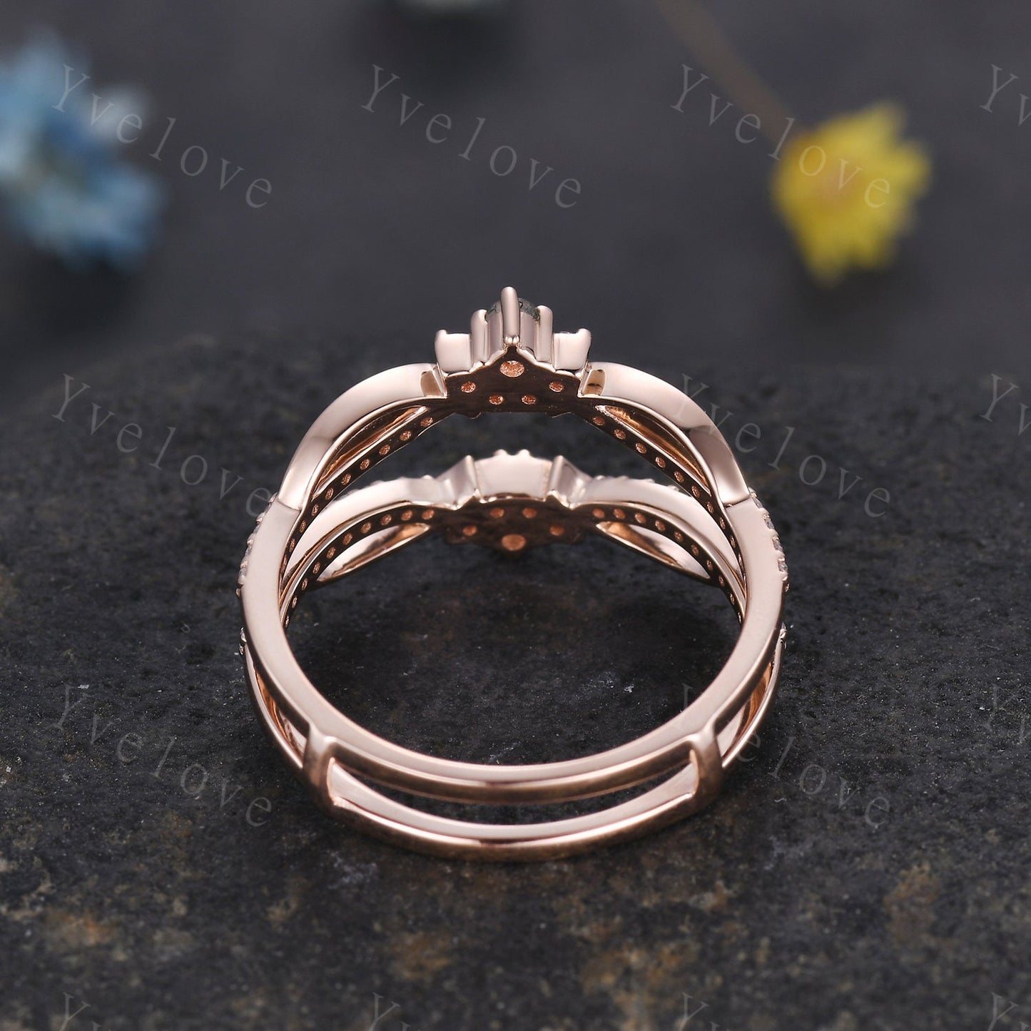 Dainty Moss Agate Moissanite wedding band V Curved Diamond wedding band Enhancer Band Stacking Matching Band Bridal Promise Anniversary Gift