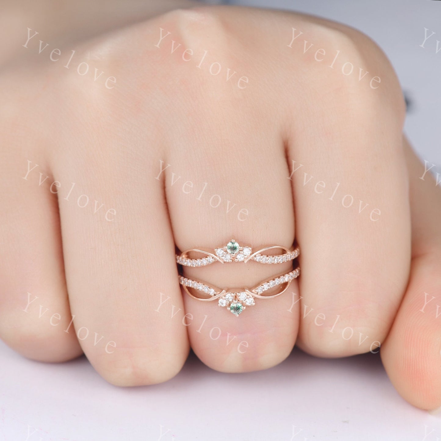 Dainty Moss Agate Moissanite wedding band V Curved Diamond wedding band Enhancer Band Stacking Matching Band Bridal Promise Anniversary Gift