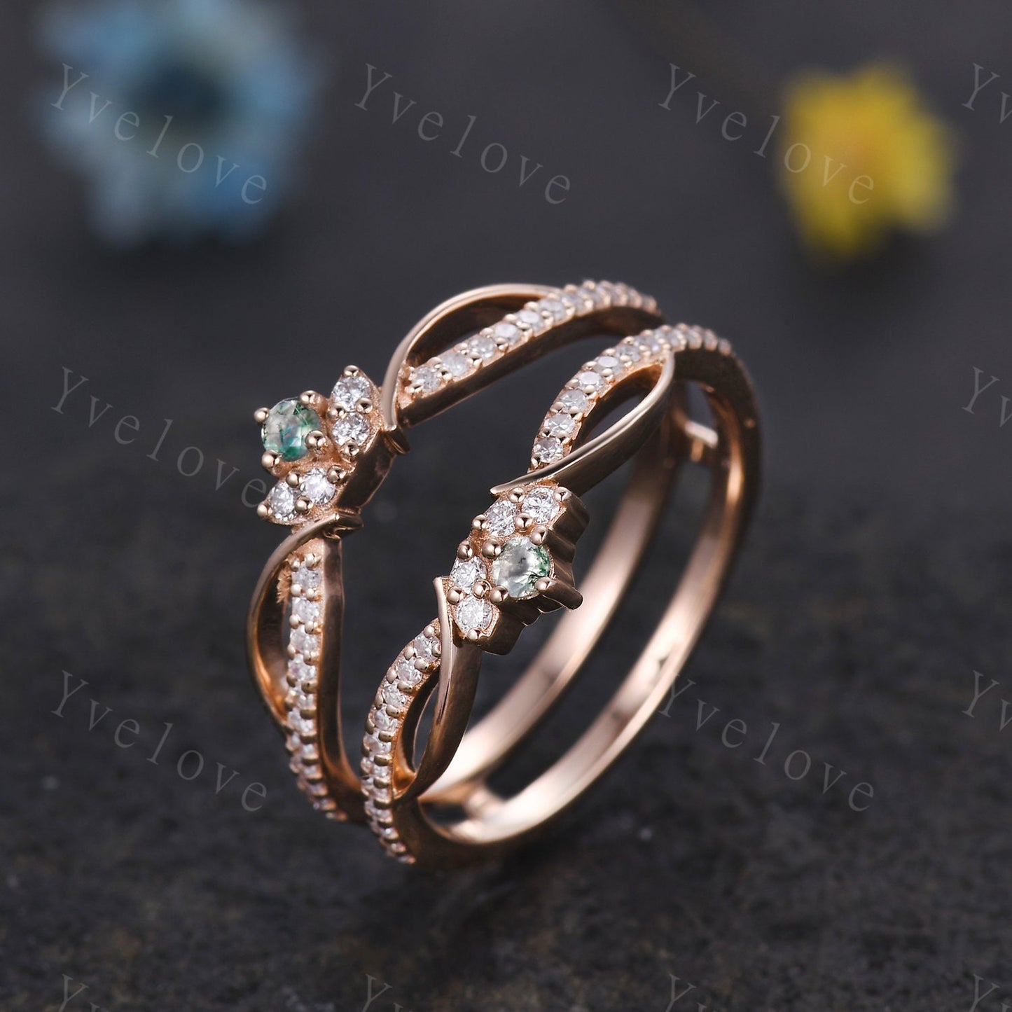 Dainty Moss Agate Moissanite wedding band V Curved Diamond wedding band Enhancer Band Stacking Matching Band Bridal Promise Anniversary Gift