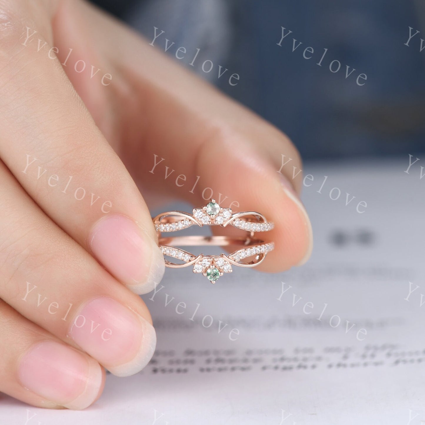 Dainty Moss Agate Moissanite wedding band V Curved Diamond wedding band Enhancer Band Stacking Matching Band Bridal Promise Anniversary Gift
