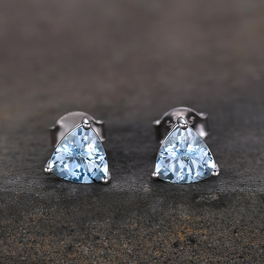 Trillion cut Natural Aquamarine Studs, Silver Aquamarine Earring Studs, March Birthstone Earrings, Genuine Gemstone earrings, Birthday Gift