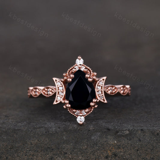 Pear shaped black onyx engagement ring unique moon style ring vintage art deco moissanite wedding ring Antique bridal Promise ring