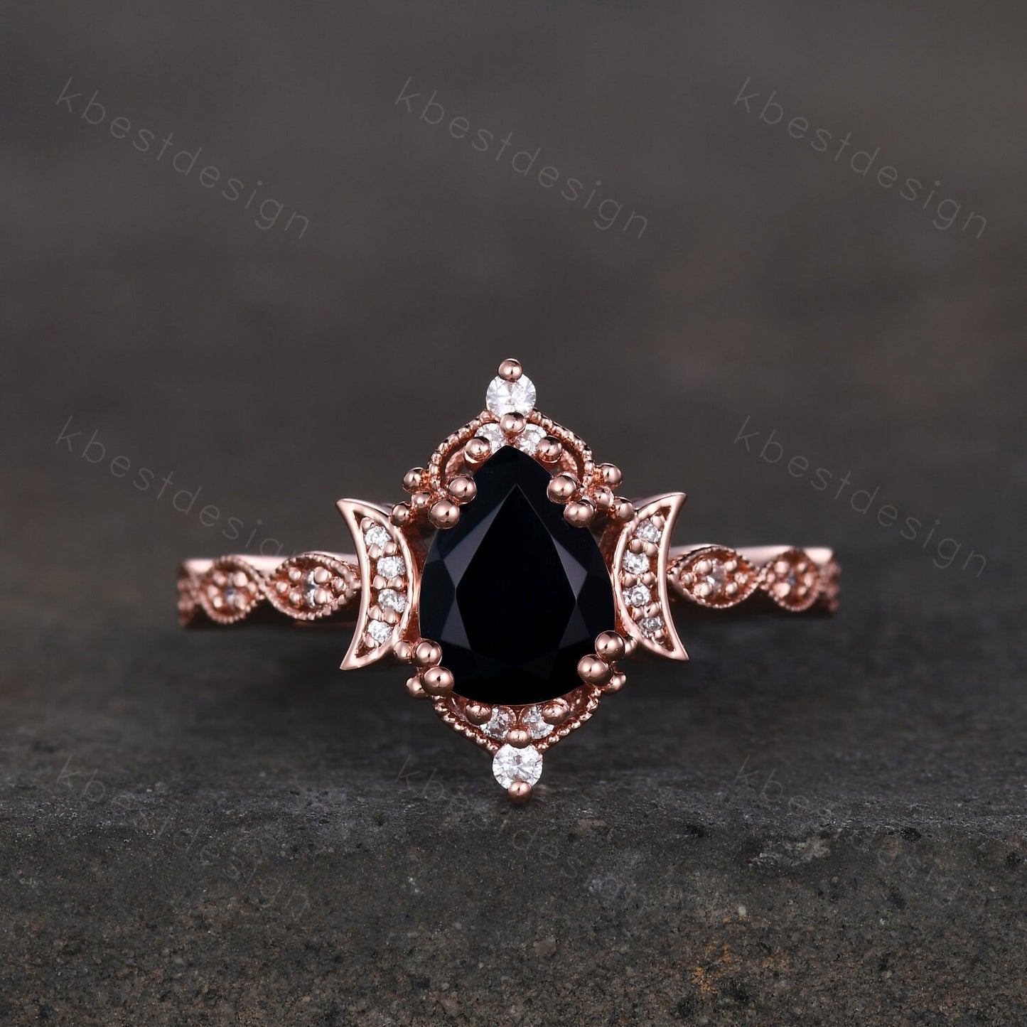 Vintage black onyx engagement ring pear cut ring silver unique moon style ring art deco moissanite wedding ring promise anniversary ring