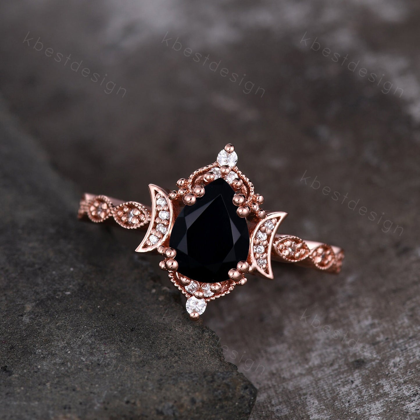 Vintage black onyx engagement ring pear cut ring silver unique moon style ring art deco moissanite wedding ring promise anniversary ring