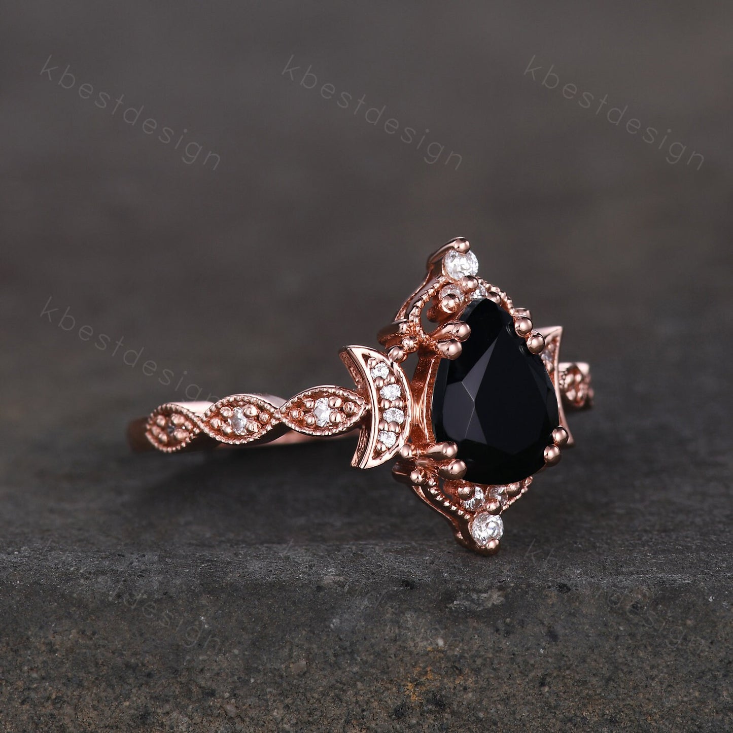 Pear shaped black onyx engagement ring unique moon style ring vintage art deco moissanite wedding ring Antique bridal Promise ring