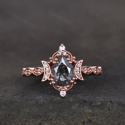 Pear shaped black rutilated quartz engagement ring unique moon style ring vintage art deco moissanite wedding ring bridal promise ring gift