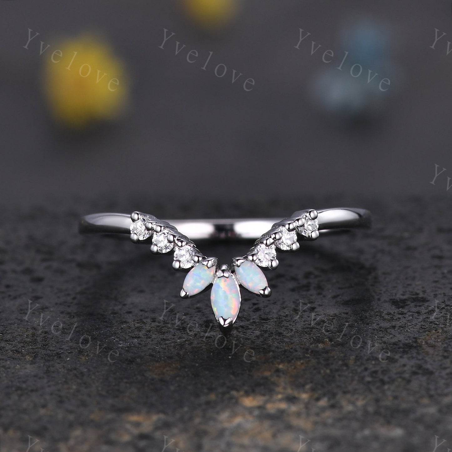 Art Deco Opal Wedding Band,Marquise Opal Band,Moissanite Diamond Wedding Band,V Chevron Ring,Matching Stacking Ring Bridal Promise Ring Gift