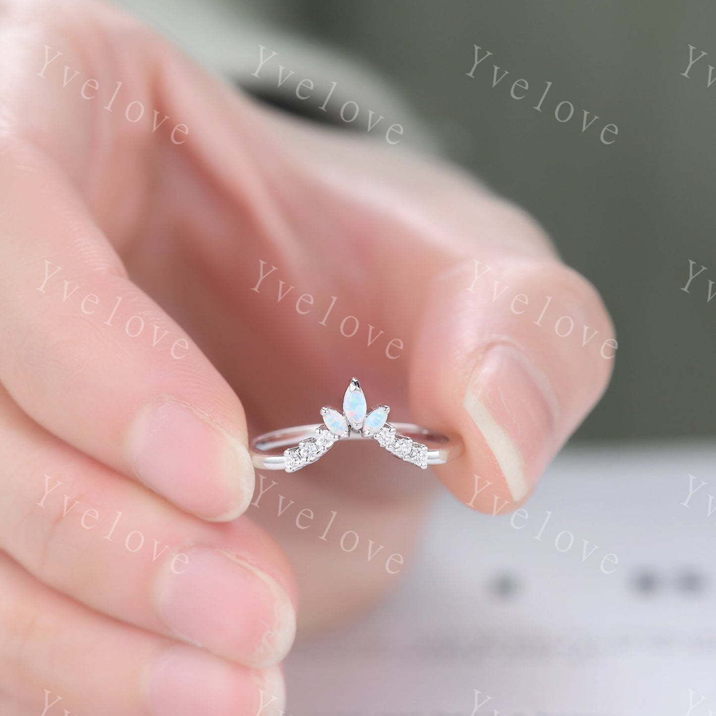 Art Deco Opal Wedding Band,Marquise Opal Band,Moissanite Diamond Band,V Chevron Ring,Matching Stacking Ring Bridal Promise Ring Gift,Silver