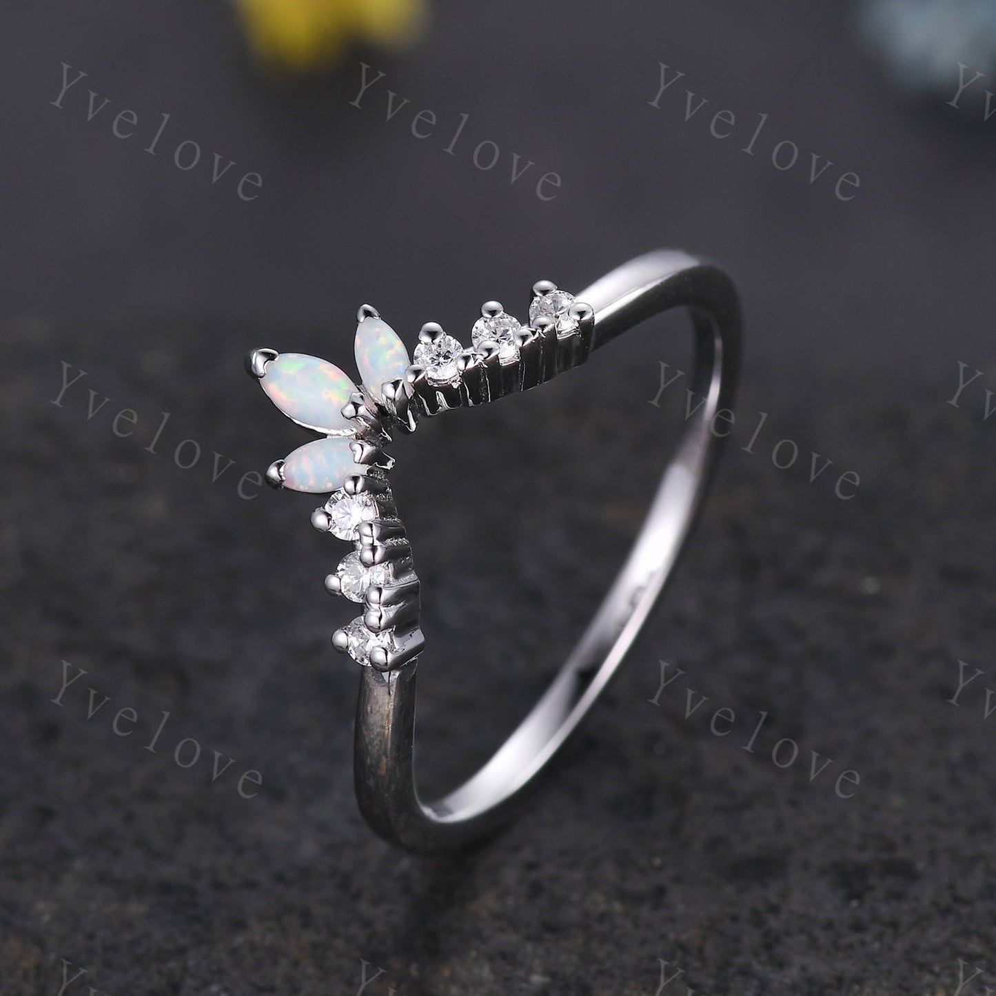 Art Deco Opal Wedding Band,Marquise Opal Band,Moissanite Diamond Band,V Chevron Ring,Matching Stacking Ring Bridal Promise Ring Gift,Silver
