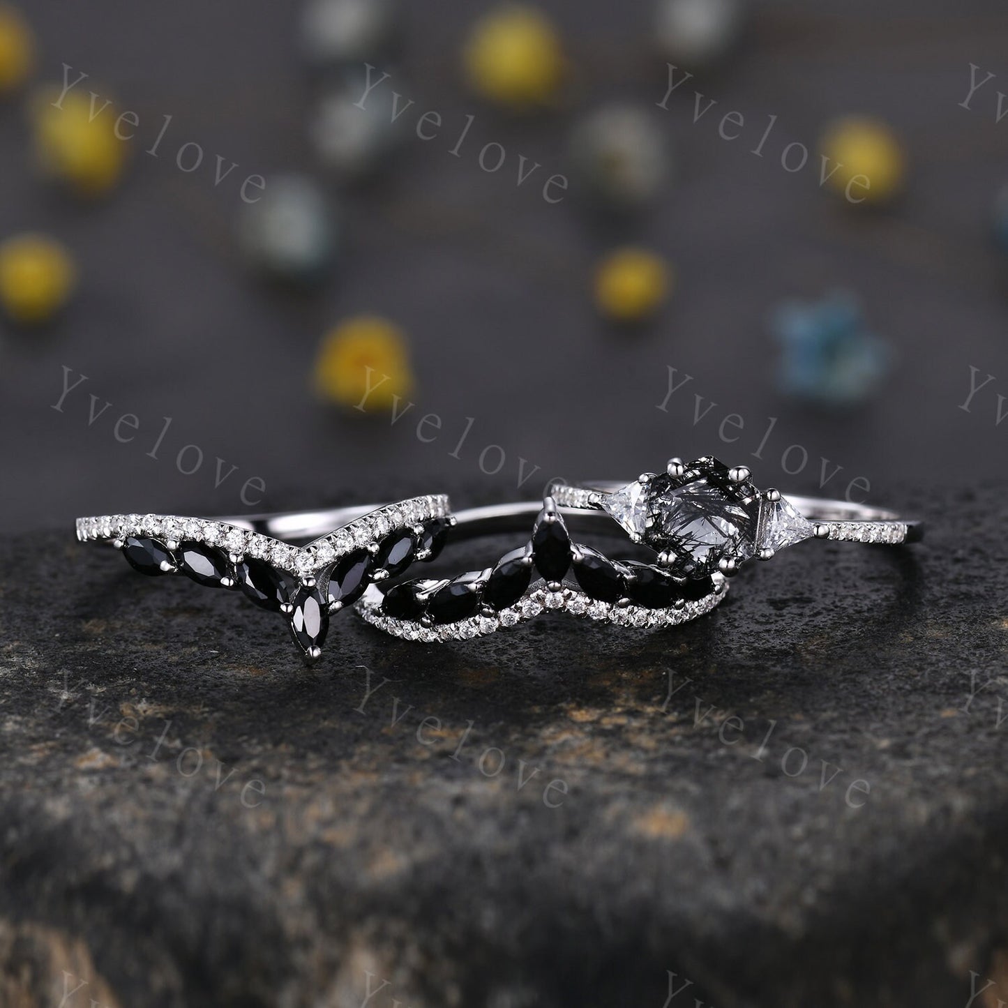 3 set,Black rutilated quartz Engagement Ring Set,Rings for Women,Platinum Ring,Marquise Black Onyx Diamond Wedding Ring,Multi-Gemstone Ring