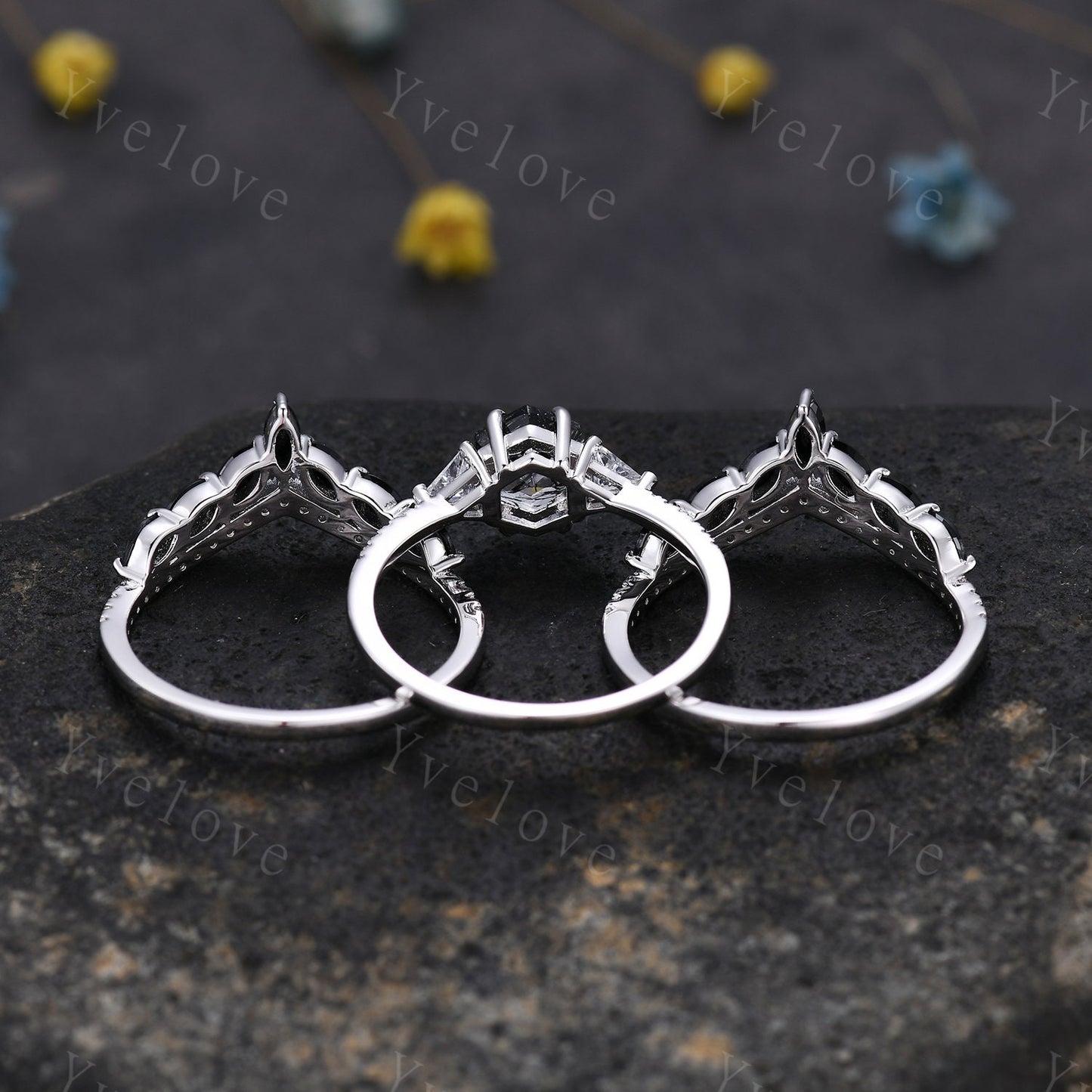 3 set,Black rutilated quartz Engagement Ring Set,Rings for Women,Platinum Ring,Marquise Black Onyx Diamond Wedding Ring,Multi-Gemstone Ring