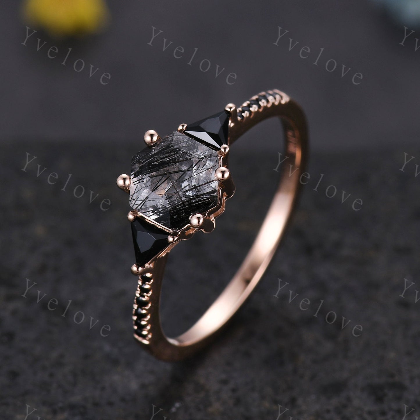 Hexagon Cut Black Rutilated Quartz Engagement Ring,Vingate Bridal Set,Black Spinel,Silver Ring,Gothic Ring,Promise Wedding Ring Gift for Her
