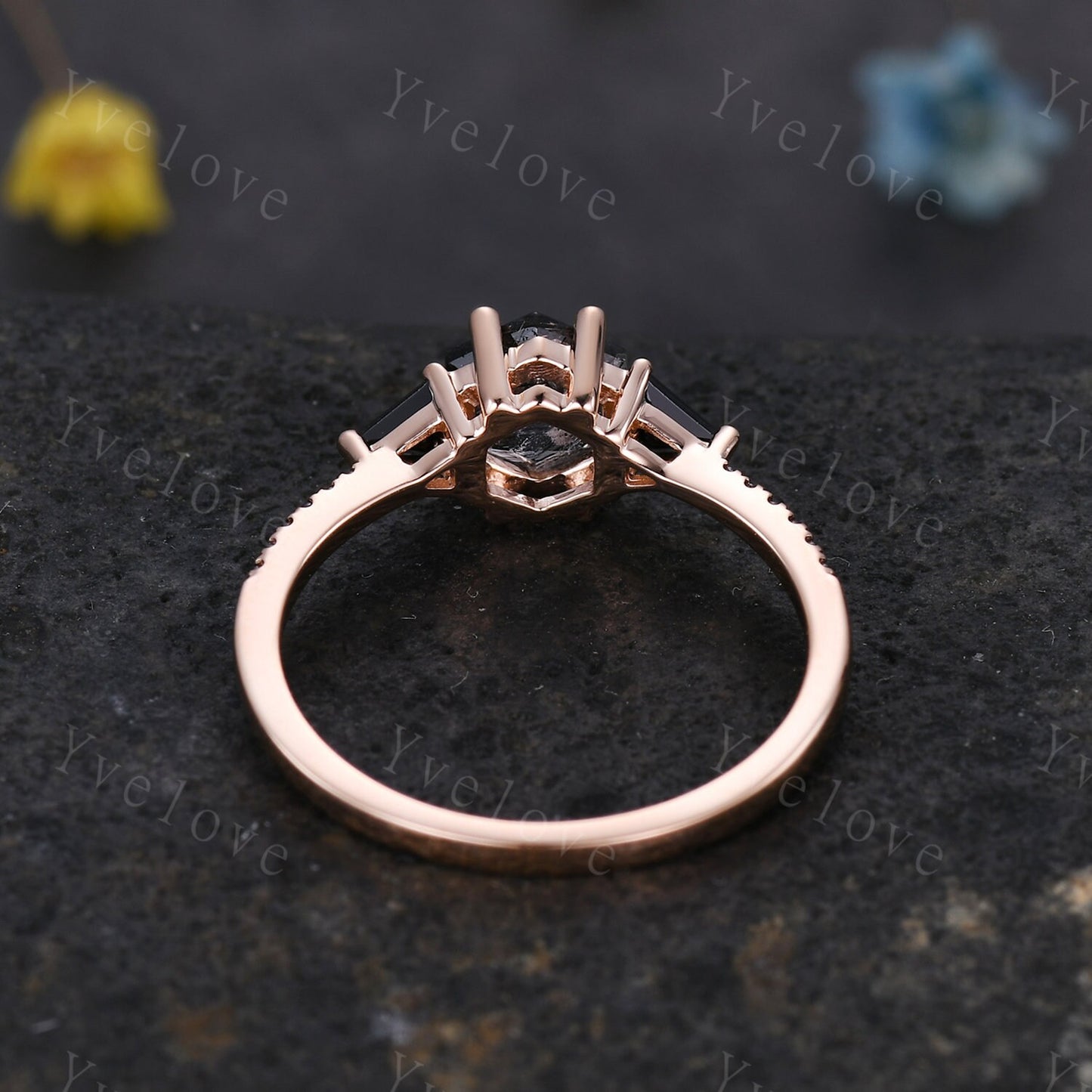 Hexagon Cut Black Rutilated Quartz Engagement Ring,Vingate Bridal Set,Black Spinel,Silver Ring,Gothic Ring,Promise Wedding Ring Gift for Her