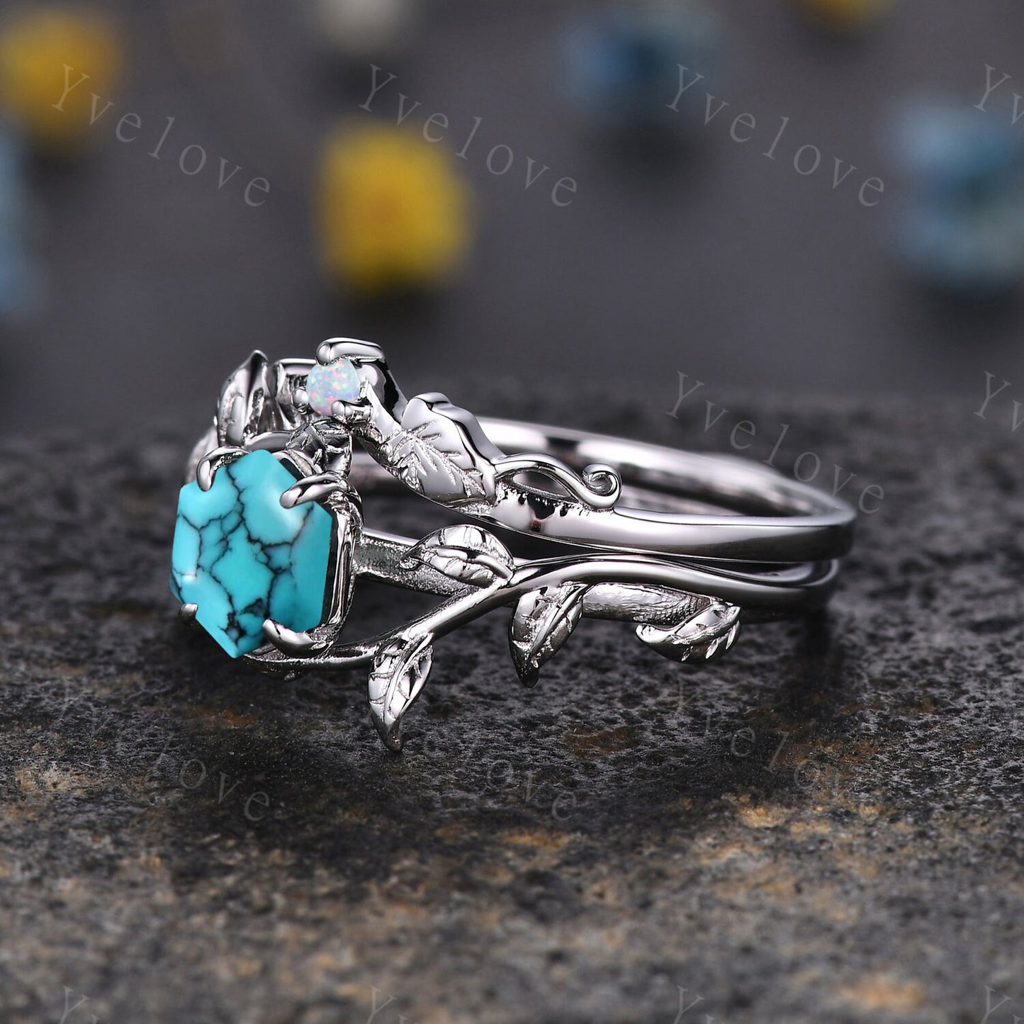 Hexagon Turquoise Ring Set,Vintage Twig Vine Leaf Ring,Unique Turquoise Opal Engagement Ring,Birthday Promise Anniversary Bridal Ring Gift
