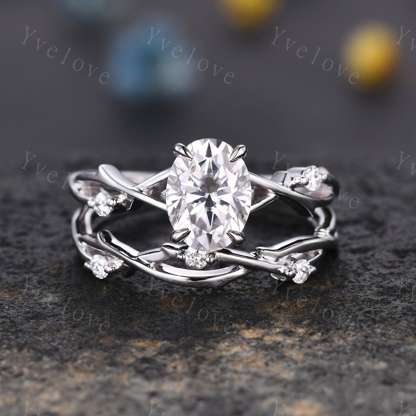 Twig Oval Moissanite Engagement Ring Set Vintage Leaf Diamond Ring,Branch Ring White Gold,Twisted Ring Promise Bridal Set,Dainty Ring Set