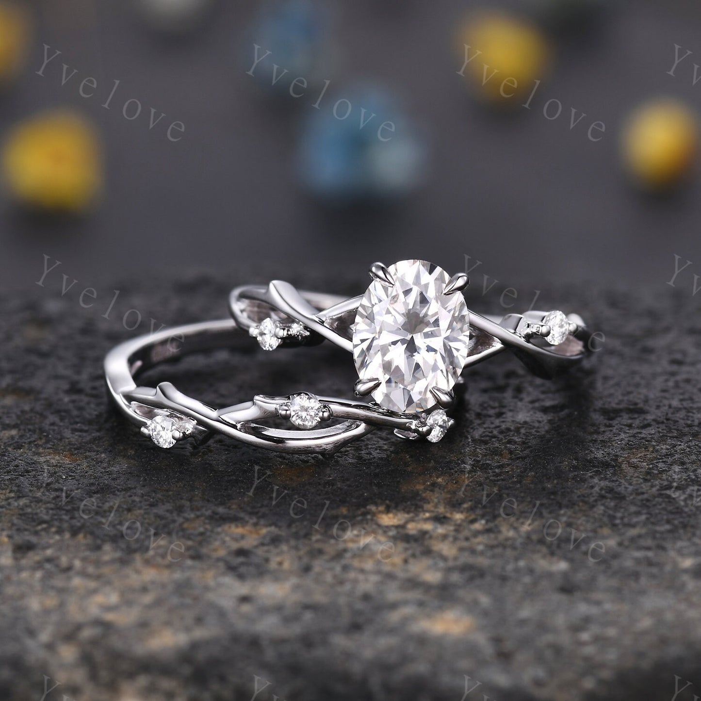 Twig Oval Moissanite Engagement Ring Set Vintage Leaf Diamond Ring,Branch Ring White Gold,Twisted Ring Promise Bridal Set,Dainty Ring Set
