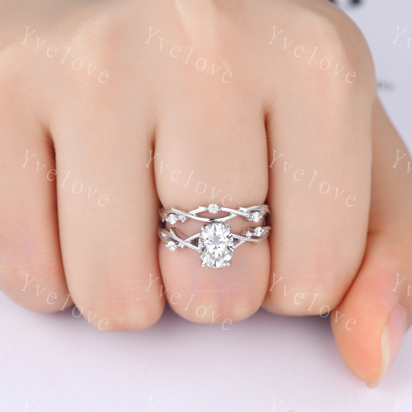 Twig Oval Moissanite Engagement Ring Set Vintage Leaf Diamond Ring,Branch Ring White Gold,Twisted Ring Promise Bridal Set,Dainty Ring Set