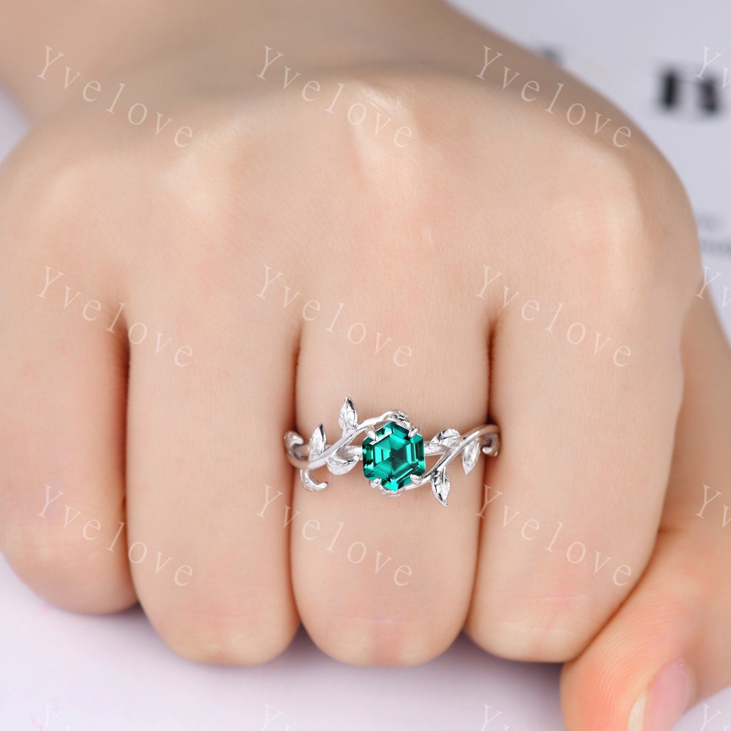Hexagon Emerald Ring,Vintage Twig Vine Leaf Ring,Unique Emerald Engagement Ring,May birthstone Ring,Promise Anniversary Bridal Ring Gift