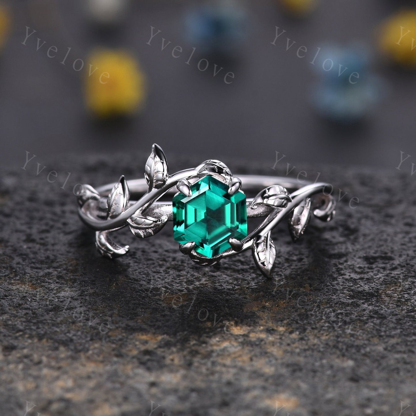 Hexagon Emerald Ring,Vintage Twig Vine Leaf Ring,Unique Emerald Engagement Ring,May birthstone Ring,Promise Anniversary Bridal Ring Gift