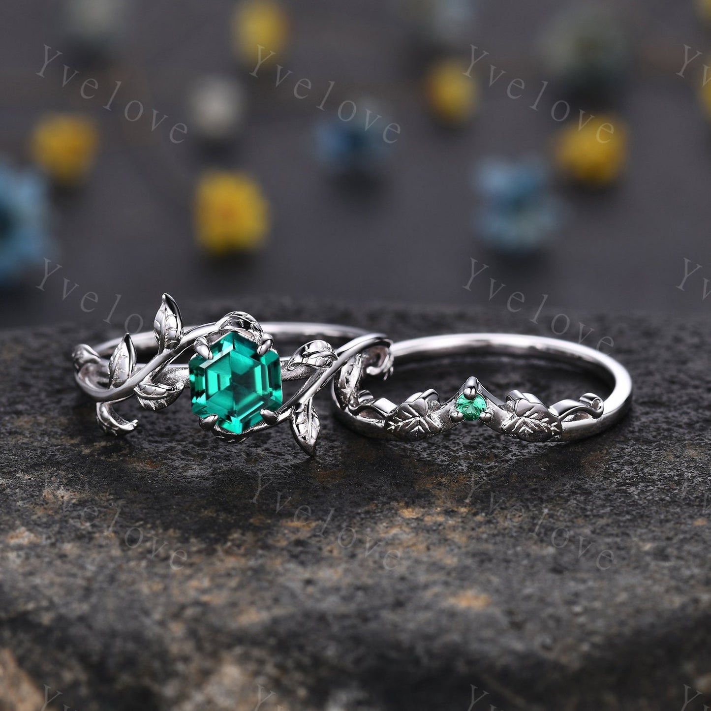 Hexagon Emerald Ring,Vintage Twig Vine Leaf Ring,Unique Emerald Engagement Ring,May birthstone Ring,Promise Anniversary Bridal Ring Gift