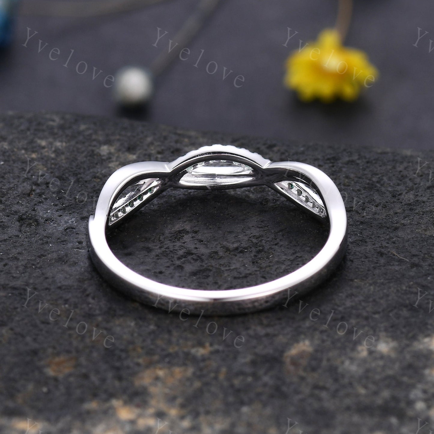 Emerald wedding band twist infinity matching wedding ring anniversary gift art deco white gold stacking band May birthstone gift for her