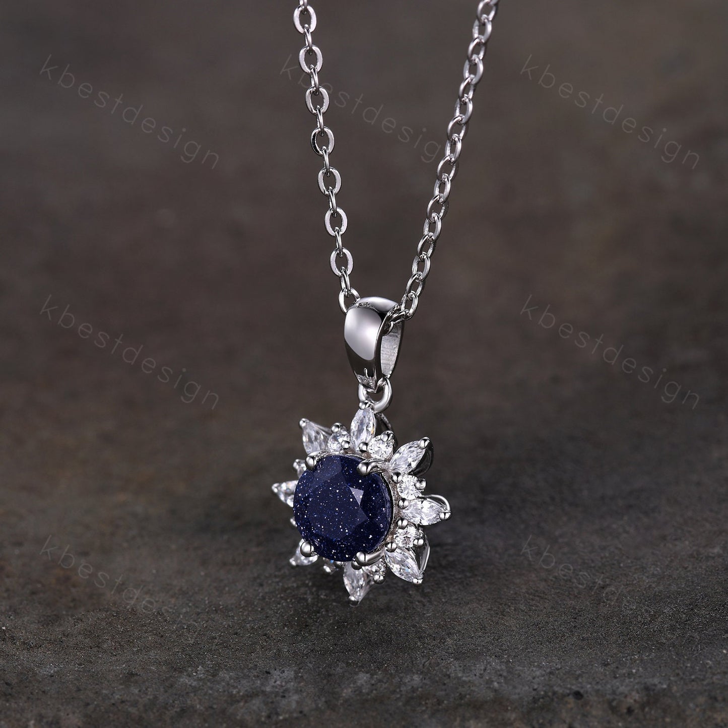1CT Round Galaxy Blue Sandstone Necklace Vintage Art Deco Necklace for Women Unique Marquise cut Moissanite Halo Pendant Anniversary Gift