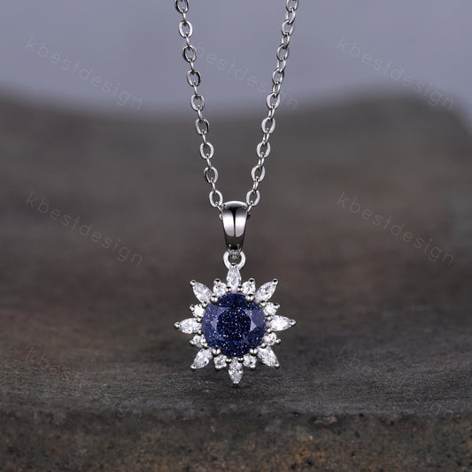 1CT Round Galaxy Blue Sandstone Necklace Vintage Art Deco Necklace for Women Unique Marquise cut Moissanite Halo Pendant Anniversary Gift