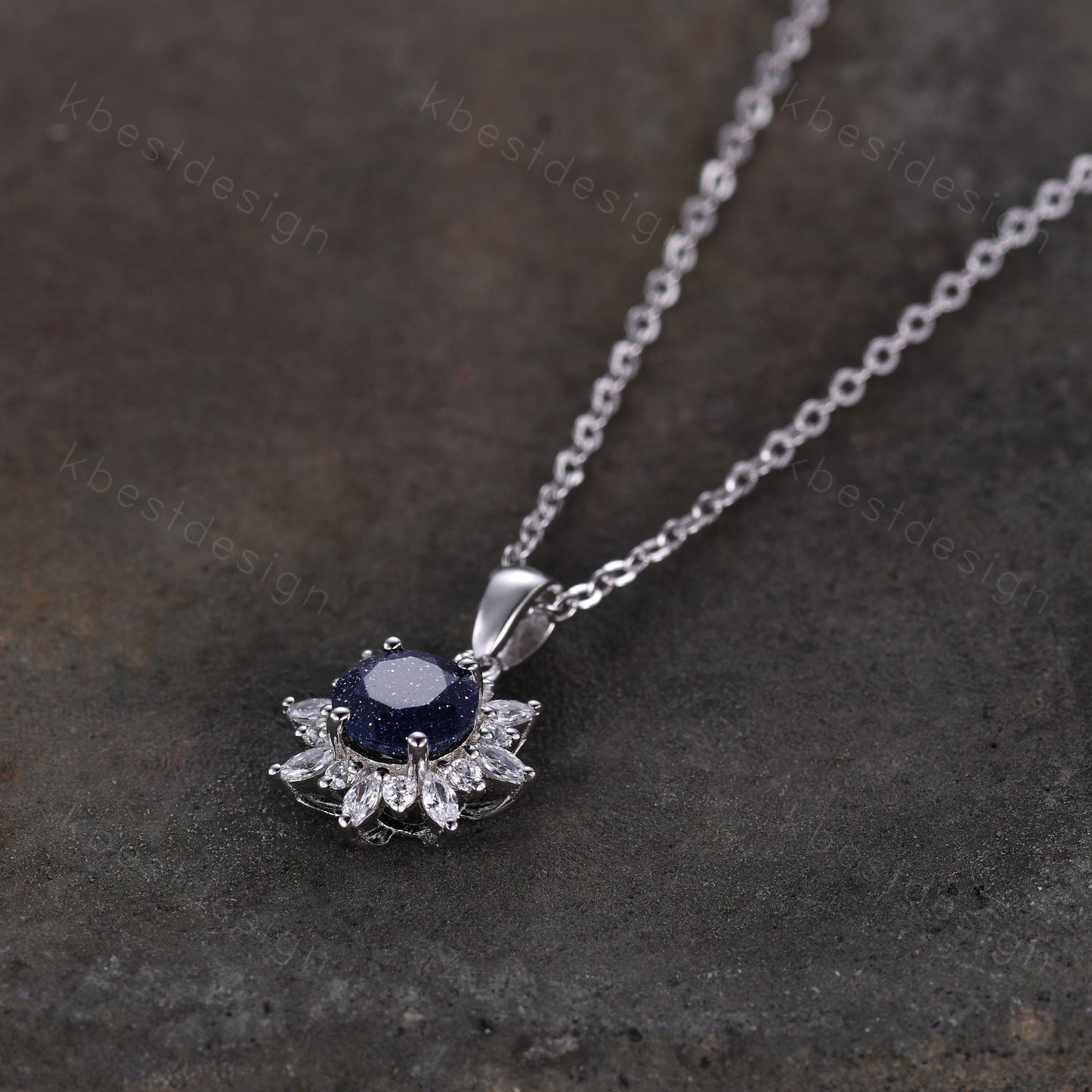 1CT Round Galaxy Blue Sandstone Necklace Vintage Art Deco Necklace for Women Unique Marquise cut Moissanite Halo Pendant Anniversary Gift