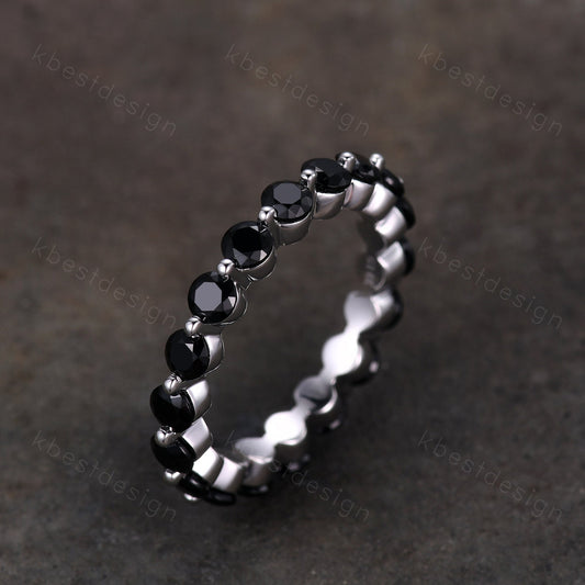 3MM Round Cut Black Spinel Wedding Band Unique Black Stone Engagement Band Eternity Stacking Band Ring Bubble Prong set Bridal Promise gift