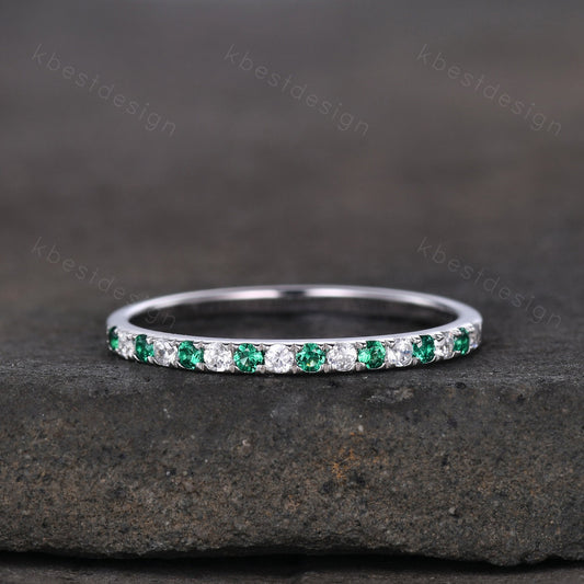 Half Eternity Emerald Wedding Band 1.5mm Emerald Moissanite Wedding Band May Birthstone Ring Pave Stacking Band Anniversary Gift for Her
