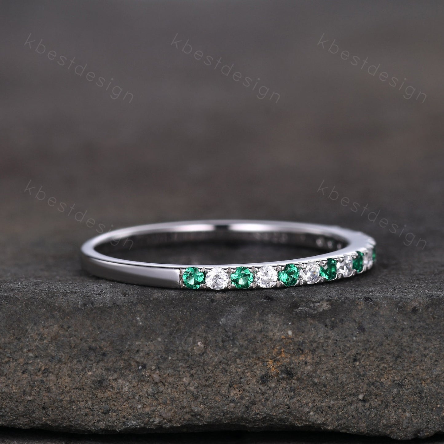 Half Eternity Emerald Wedding Band 1.5mm Emerald Moissanite Wedding Band Rose Gold Matching Ring Pave Stacking Band Anniversary Gift for Her