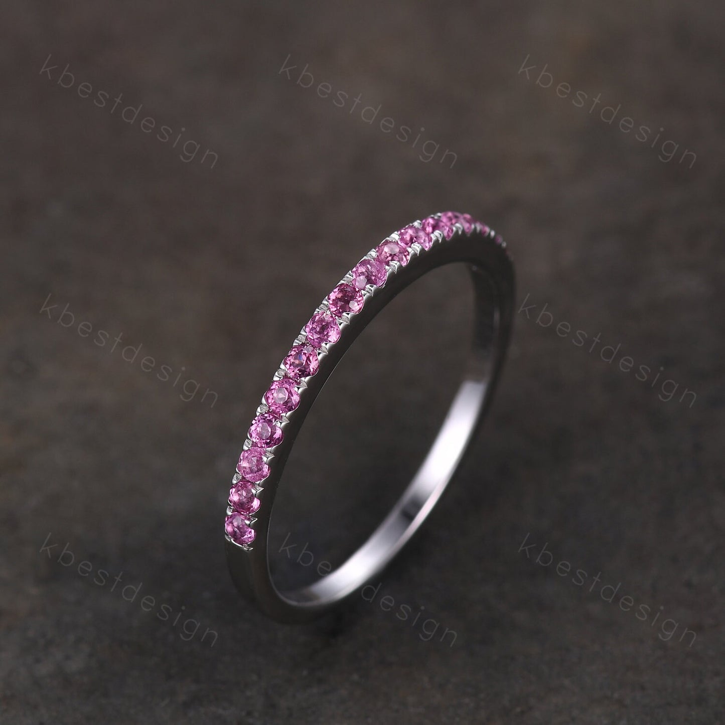 1.5mm Pink Tourmaline Wedding Band Half Eternity Stacking Band Minimalist Ring Silver Rings for Women Pave Matching Band Anniversary Ring