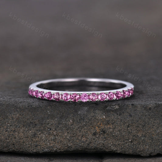 1.5mm Pink Tourmaline Wedding Band Half Eternity Stacking Band Minimalist Ring Silver Rings for Women Pave Matching Band Anniversary Ring