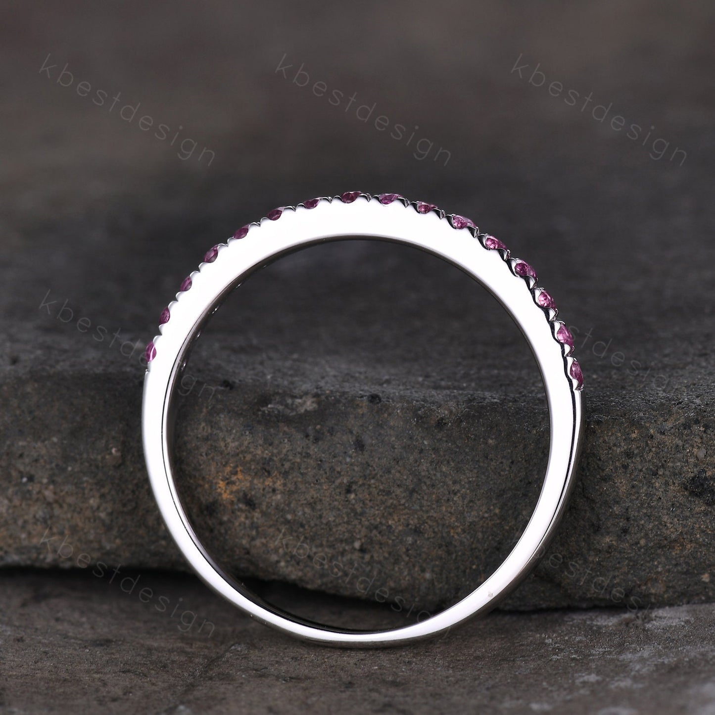 1.5mm Pink Tourmaline Wedding Band Half Eternity Stacking Band Minimalist Ring Silver Rings for Women Pave Matching Band Anniversary Ring