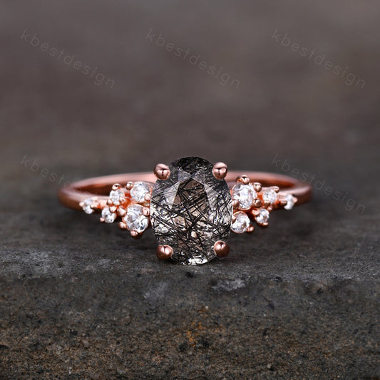 Vintage black rutilated quartz engagement ring unique cluster moissnaite ring women rose gold ring oval cut black stone bridal Promise ring