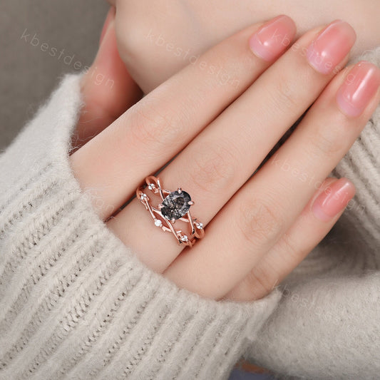 Vintage black rutilated quartz engagement ring 14k rose gold oval cut ring art deco twig leaf stacking band unique bridal wedding ring set