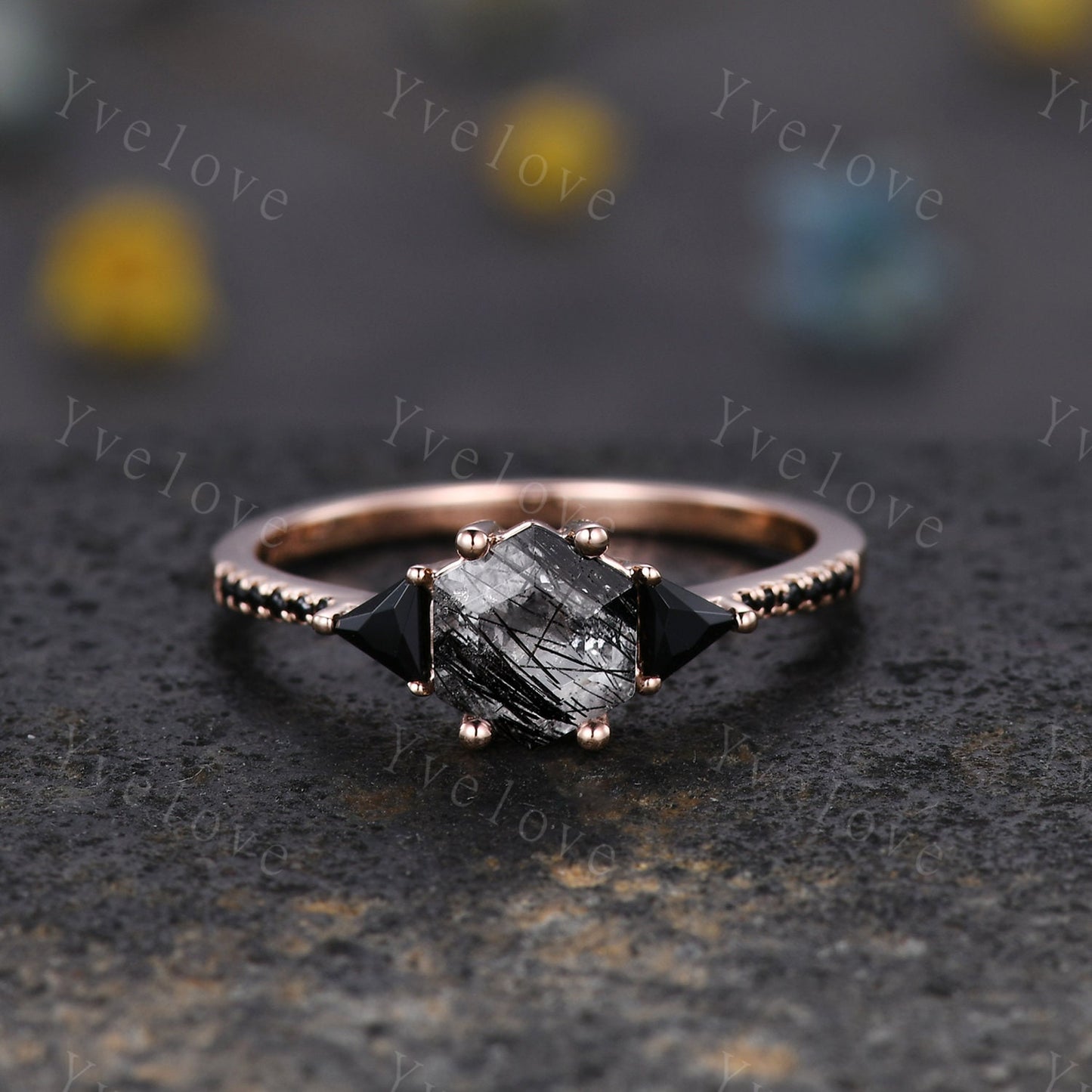 Hexagon Cut Black Rutilated Quartz Engagement Ring,Vingate Bridal Set,Black Spinel,Silver Ring,Gothic Ring,Promise Wedding Ring Gift for Her