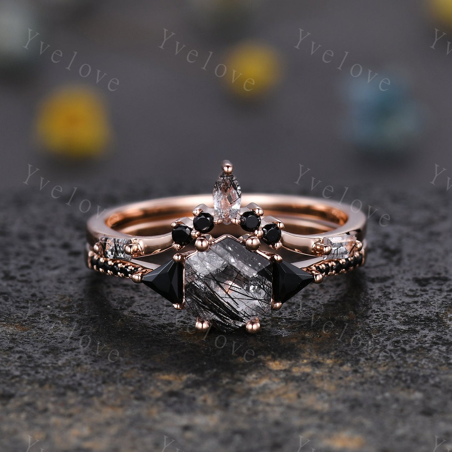 Hexagon Cut Black Rutilated Quartz Engagement Ring,Vingate Bridal Set,Black Spinel,Silver Ring,Gothic Ring,Promise Wedding Ring Gift for Her