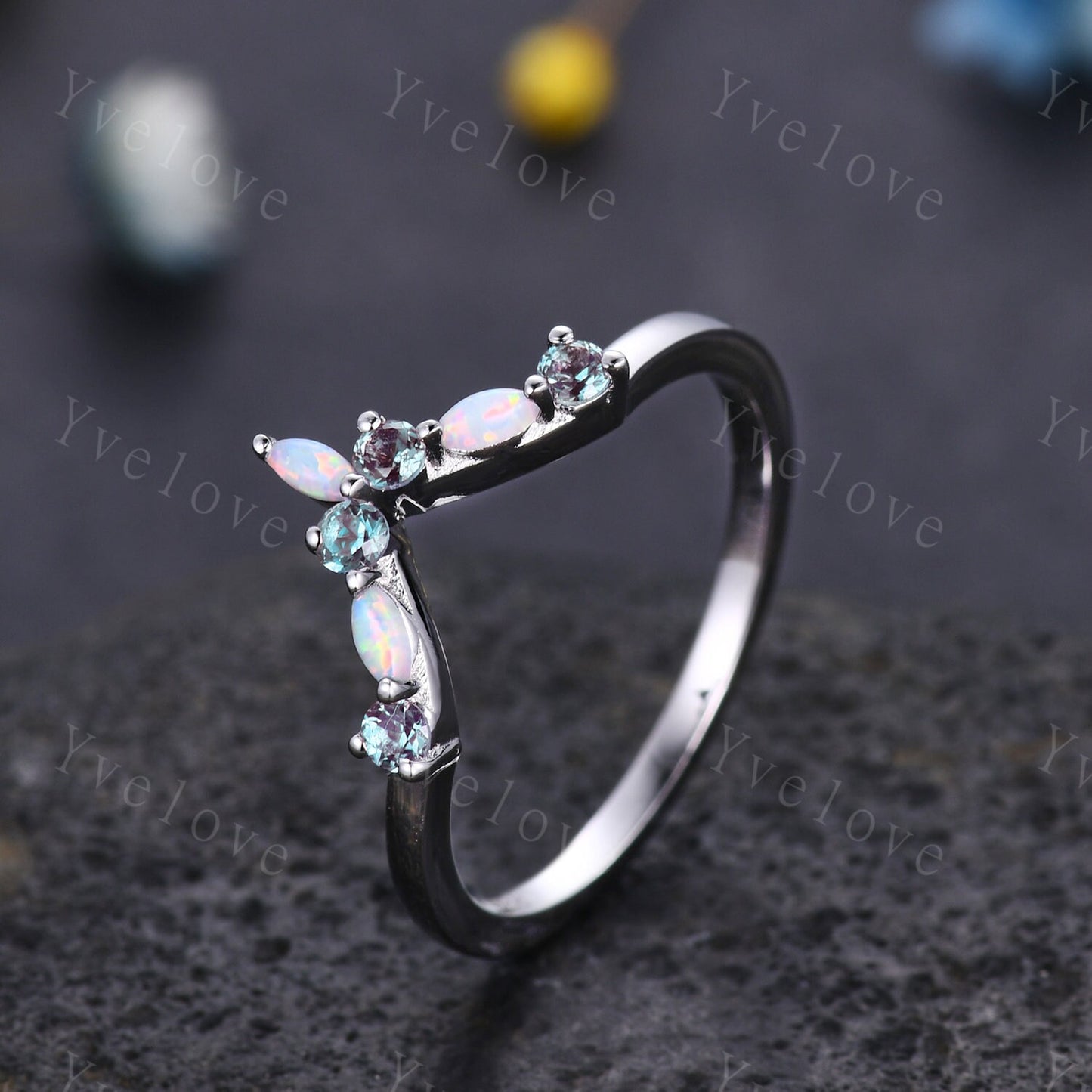 Opal Alexandrite Wedding Ring Match Stacking ring V Curved Wedding Band Sterling Silver Marquise Opal Ring Promise Jewelry Anniversary Gift